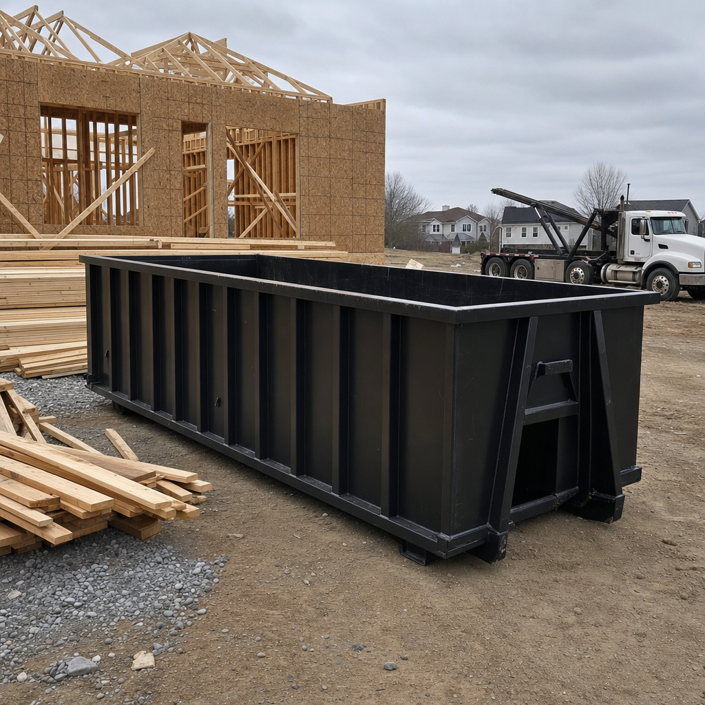 Matte-black 40-yard roll-off dumpster staged on a framed-out residential construction site in Thornton, framing lumber stacked nearby, hooklift delivery truck visible in the background under bright Colorado daylight