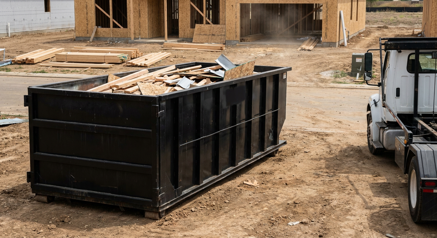 Matte-black 20-yard roll-off construction dumpster with heavy ribbed steel sidewalls and swing rear doors at a working jobsite in Thornton, sitting directly on compacted dirt with an unmarked white hauler partially visible at the far edge of the frame.