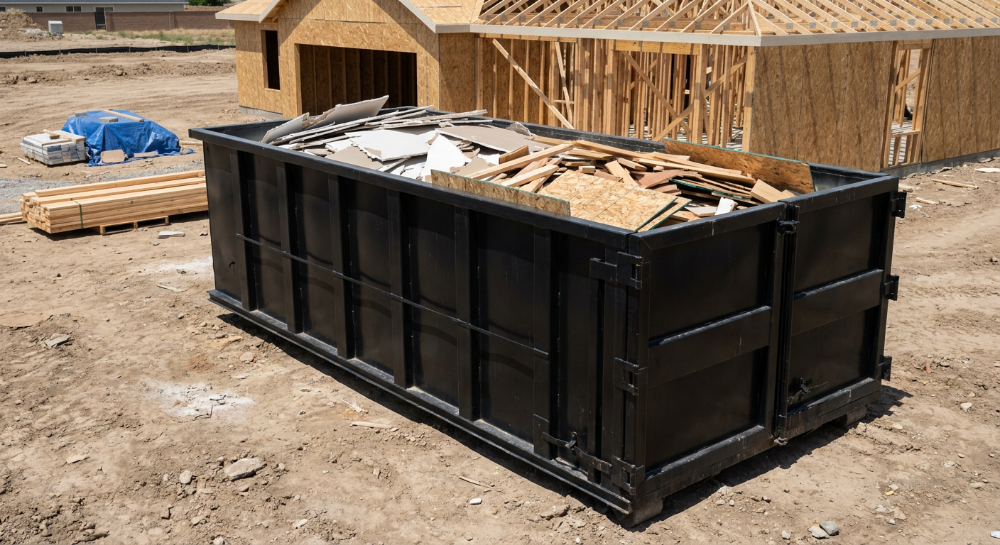Matte-black 30-yard roll-off construction dumpster sitting directly on the compacted-dirt site of a framed single-family home build in Thornton, drywall and lumber scrap loaded inside.