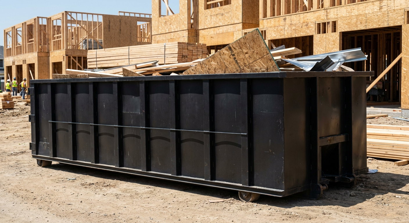 Matte-black 40-yard roll-off construction dumpster being lowered from a white-cab hooklift delivery truck onto the compacted-dirt jobsite at a commercial build site in Thornton