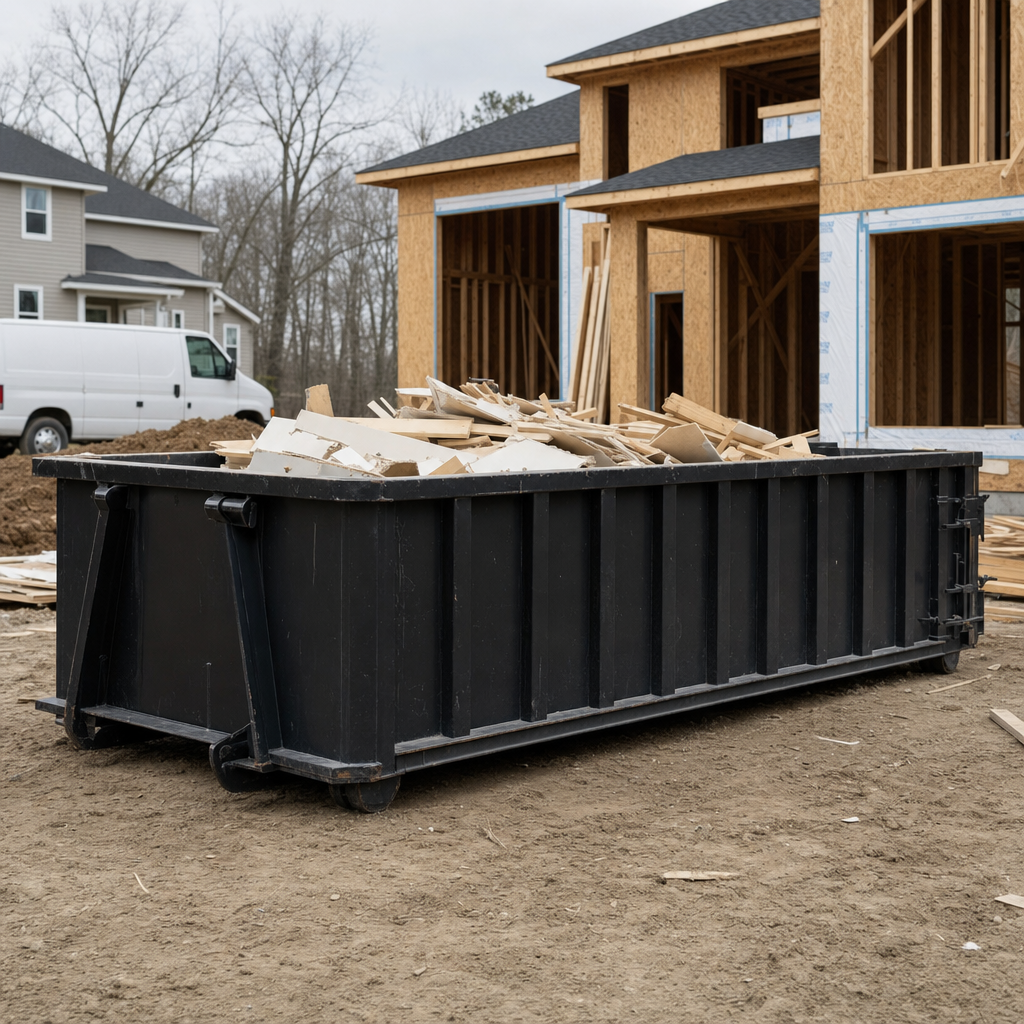 Worker in a yellow high-visibility vest tossing framing lumber and broken drywall into a matte-black 30-yard construction roll-off dumpster on an active build site in Thornton, bright daylight