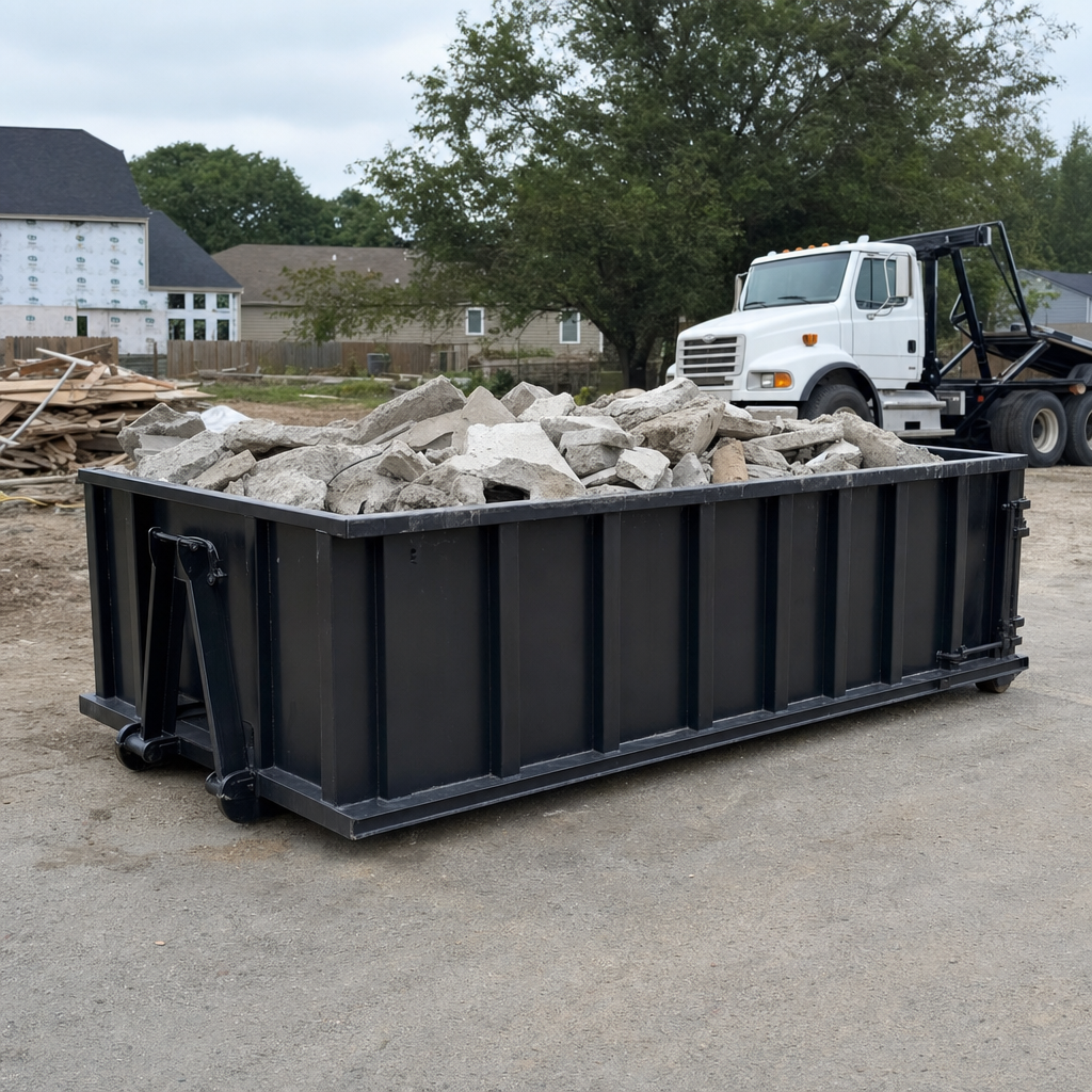 Low-profile matte-black lowboy roll-off dumpster loaded with broken concrete slab and rebar at a foundation tear-out in Thornton, skid steer parked beside it, sunny Colorado morning