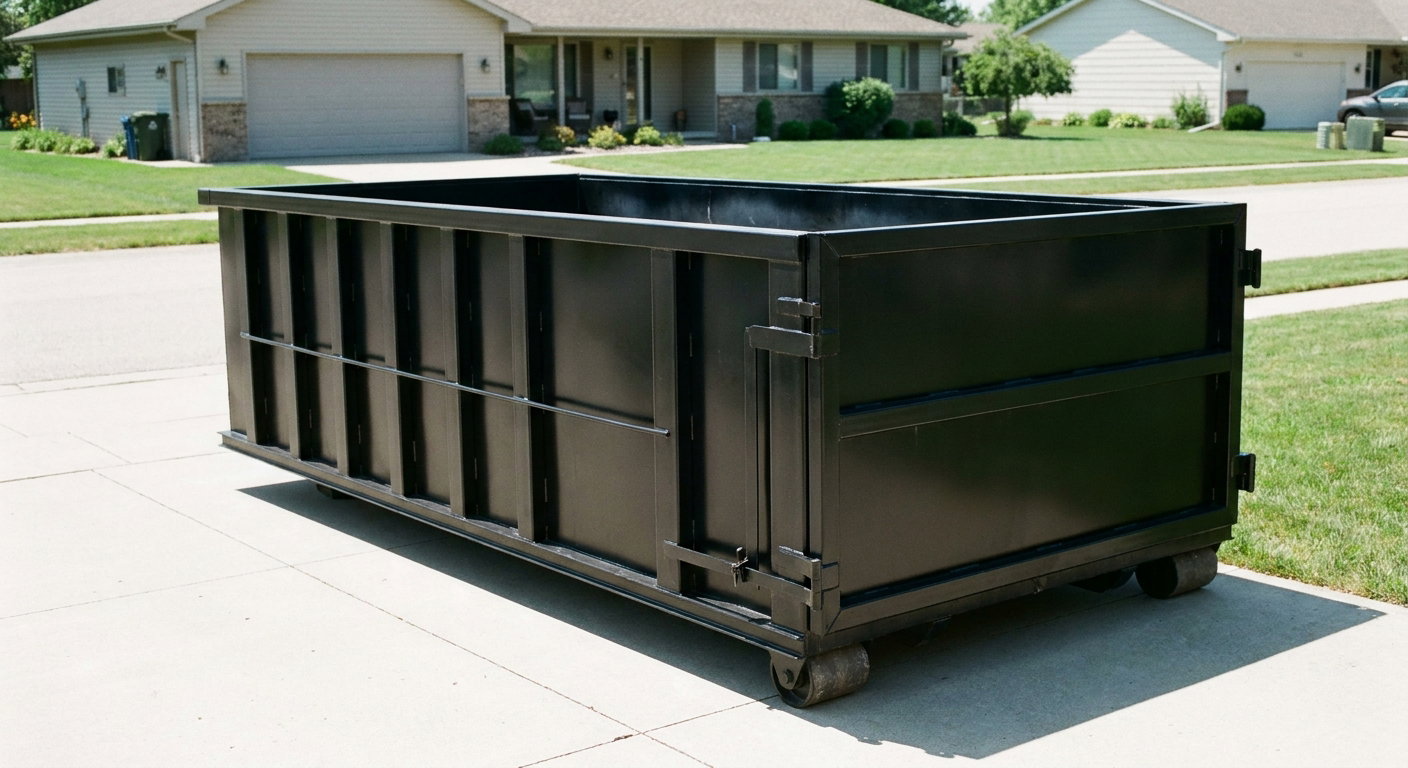 Matte-black 10-yard roll-off dumpster on a residential concrete driveway in Thornton, uniformly painted matte black across every panel and rail, ribbed steel sidewalls and rear swing door visible, mid-day daylight.