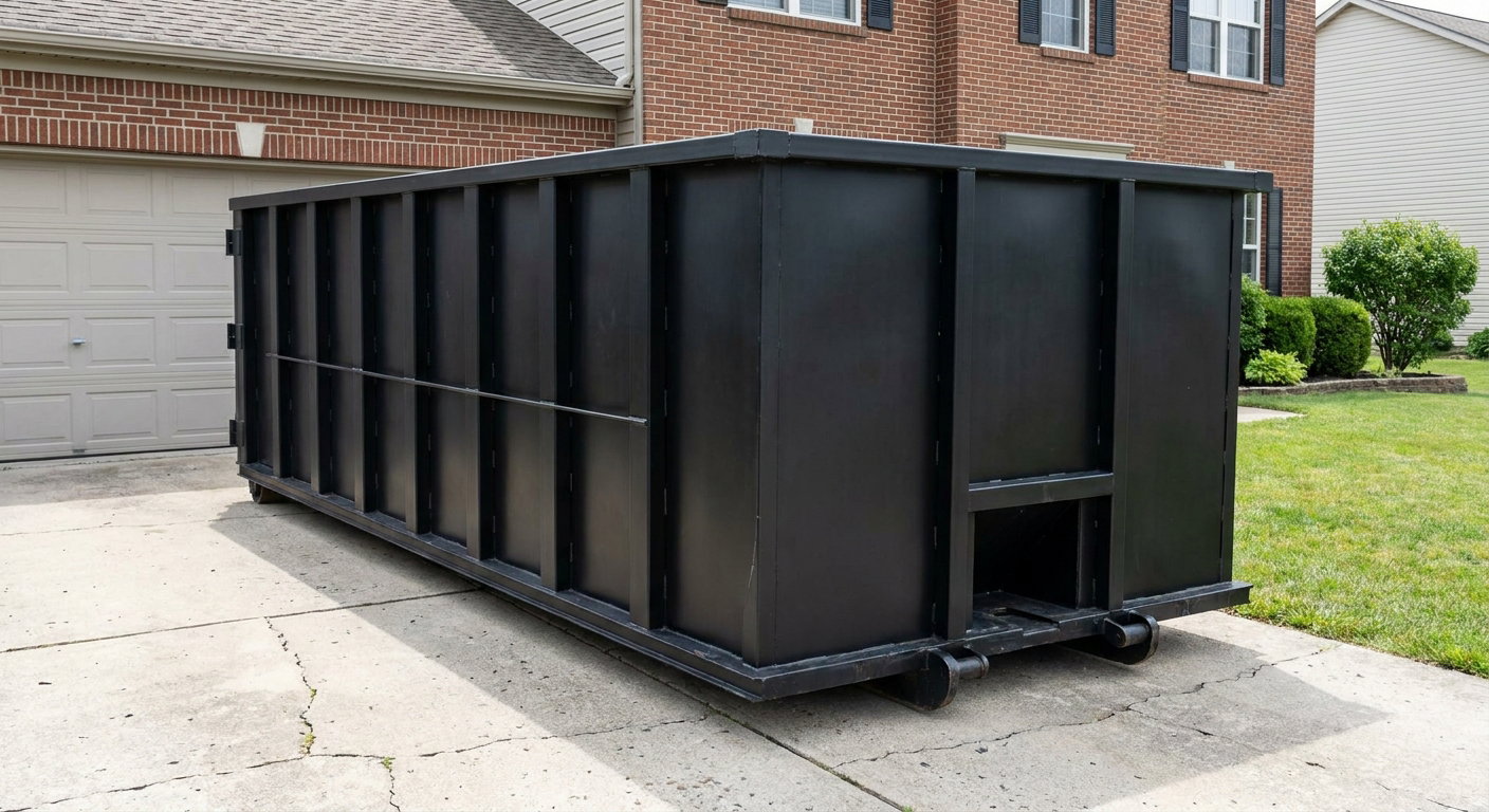 Matte-black 20-yard roll-off container on a Thornton residential concrete driveway with reinforced ribbed steel sidewalls and a hinged rear walk-in door, clean bright daylight.