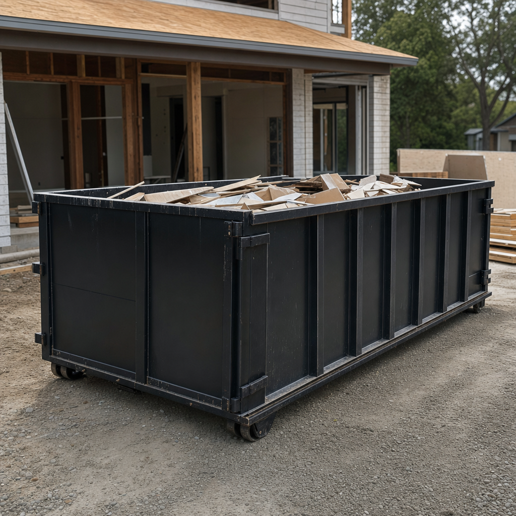 Large matte-black 30-yard construction roll-off dumpster at an active Thornton jobsite, steel-gray top rails and bottom rollers visible, loaded with construction debris.