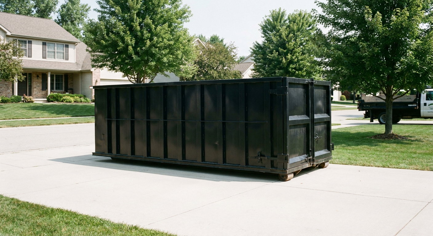 Matte-black 20-yard roll-off dumpster sitting level on a clean Thornton residential concrete driveway under bright daylight, demonstrating clean placement directly on the concrete.
