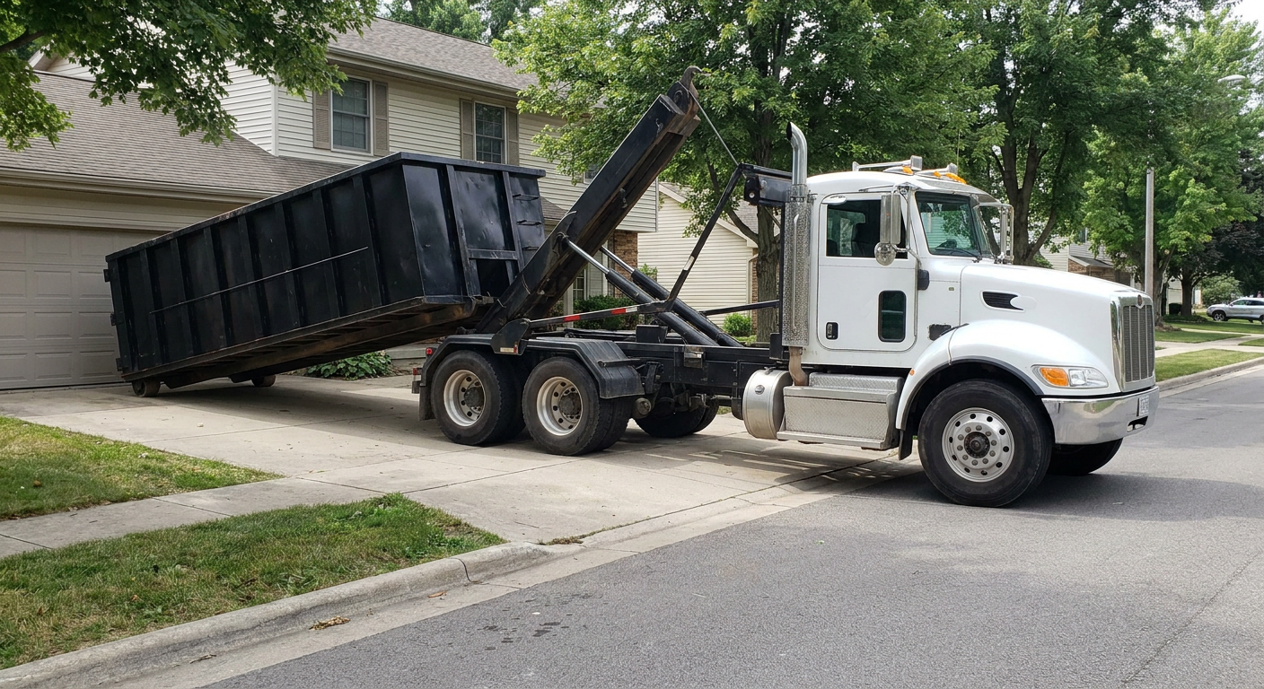 White-cab hooklift roll-off truck actively lowering a matte-black dumpster onto a Thornton residential concrete driveway, the dumpster's rear wheels touching the driveway as the hoist arm tilts the bed forward, mid-morning daylight.