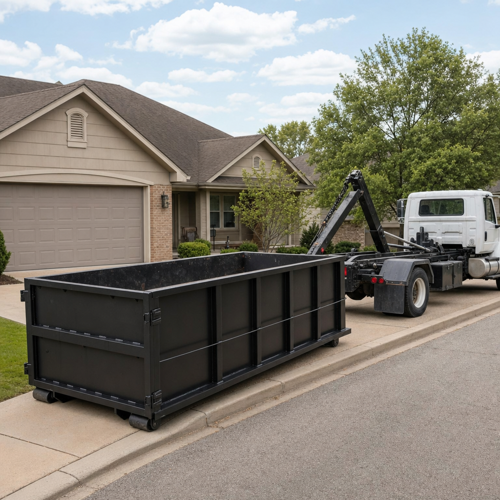 Wide documentary shot of a matte-black roll-off dumpster on a Thornton residential driveway in the foreground and a contractor jobsite container in the soft-focus background, bright daylight, calm and orderly composition.