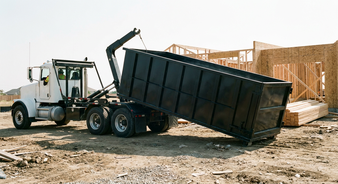 Matte-black roll-off dumpster being delivered onto a clean residential concrete driveway in Thornton by an unmarked white hooklift hauler truck, bright morning daylight, documentary 35mm perspective.