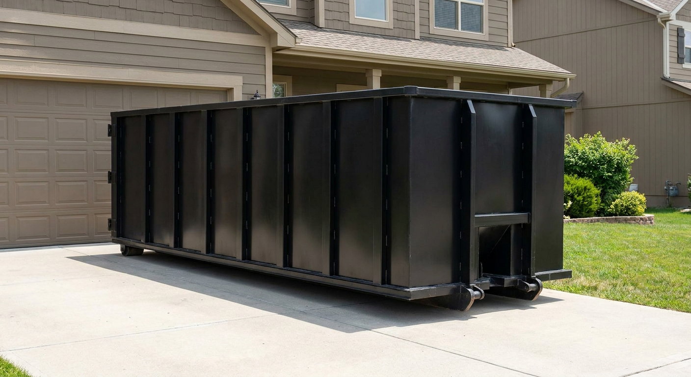 Matte-black residential roll-off dumpster sitting directly on a suburban Thornton concrete driveway, garage door closed, single-family home in background, bright morning daylight.