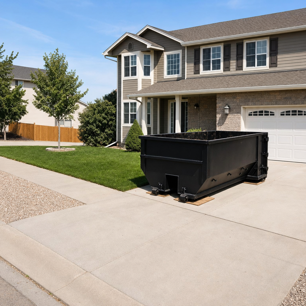 10-yard matte-black residential dumpster placed directly on a narrow Thornton concrete driveway, room remains for a parked sedan beside it, mid-morning natural light