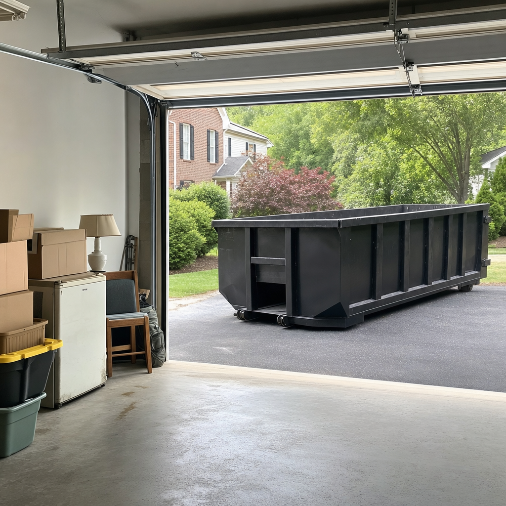 Open garage interior in a Thornton home mid-cleanout — boxed items, an old appliance, and stacked yard tools queued near the driveway for a matte-black roll-off dumpster, organized and calm