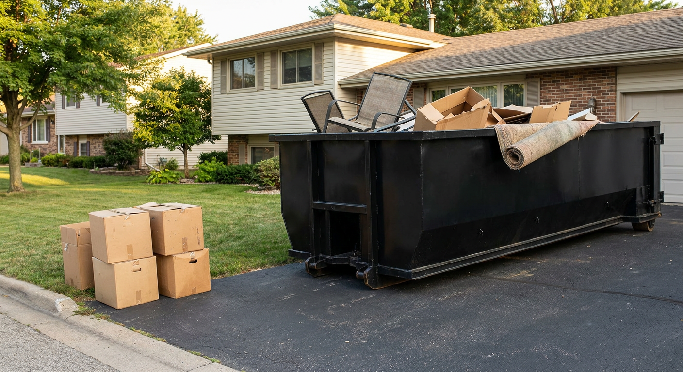 Front-yard view of a Thornton split-level home with a 20-yard matte-black roll-off dumpster sitting directly on the asphalt driveway, a few clearly labeled donation boxes staged at the curb, calm sunny afternoon.