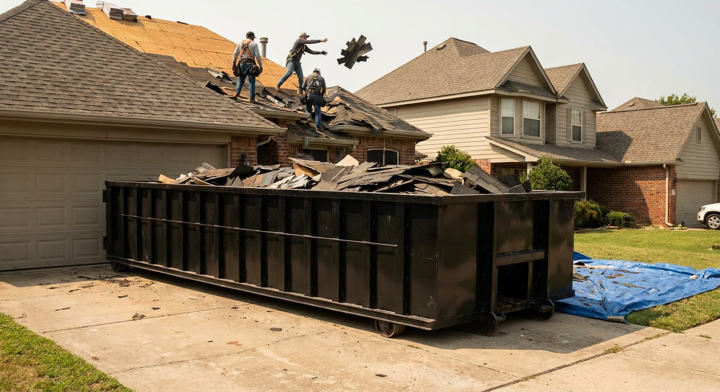Matte-black roofing roll-off dumpster placed directly on a Thornton residential concrete driveway, a tear-off crew on a two-story asphalt-shingle roof tossing shingle bundles into the low-walled container, bright daylight, documentary 35mm perspective.
