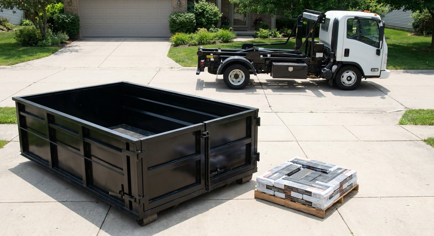 Matte-black 15-yard roofing roll-off dumpster with reinforced low side walls sitting directly on a Thornton residential concrete driveway, three-tab asphalt shingle bundles stacked nearby, an unmarked white hauler truck partially visible at the edge of the frame.
