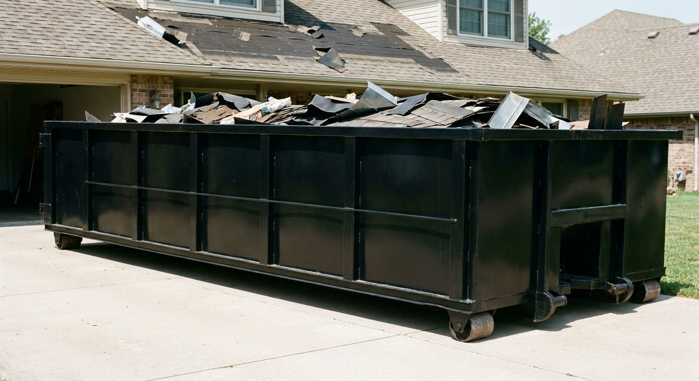 Matte-black 20-yard roofing roll-off dumpster with steel ribbed sides and swinging rear door, sitting directly on the concrete driveway of a two-story Thornton home, asphalt shingle debris being loaded over the low wall, clean documentary lighting.