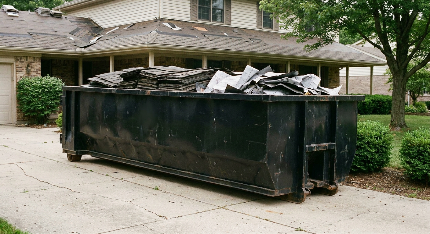 Matte-black 30-yard roofing roll-off dumpster sitting directly on a Thornton concrete driveway, taller ribbed steel side panels, mixed tear-off debris of asphalt shingles and underlayment inside, professional documentary daylight.