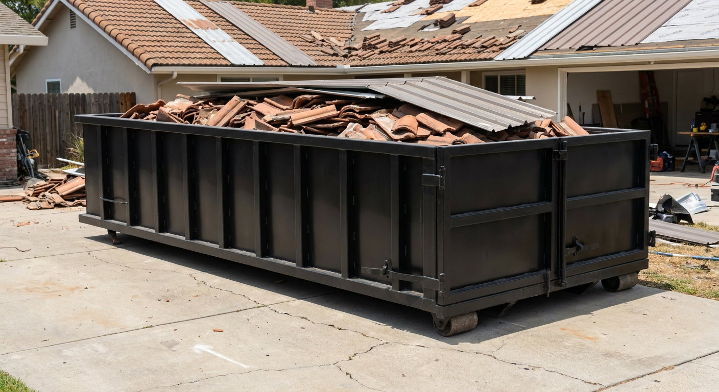 Matte-black low-wall heavy-debris roofing roll-off dumpster sitting directly on a Thornton concrete driveway, broken concrete clay roof tiles and metal panel sections loaded inside, reinforced ribbed steel side walls visible, bright outdoor daylight.