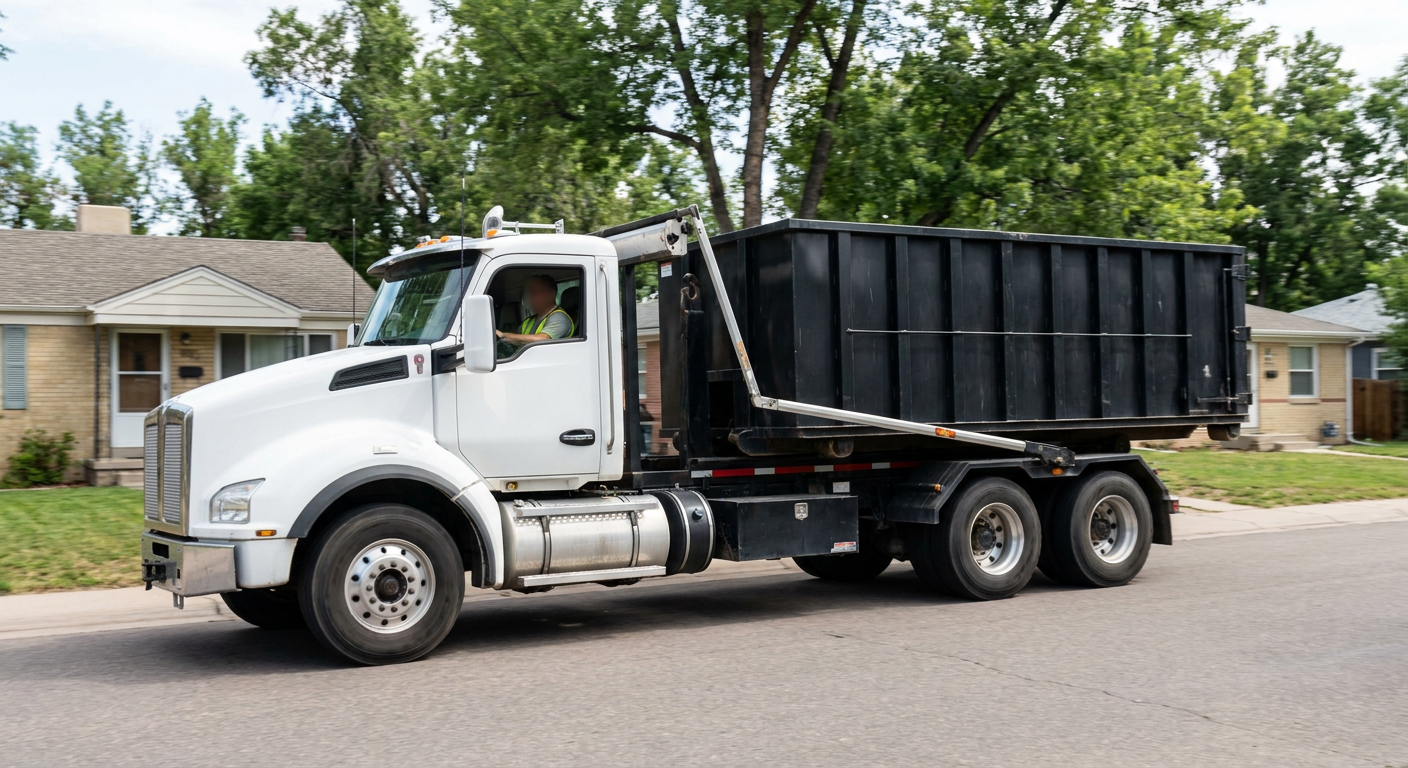 A wide documentary shot of a matte-black roll-off delivery truck pulling onto a quiet Thornton residential street at mid-morning, with neighborhood rooftops and tree-lined blocks visible behind, showing the metro coverage footprint.
