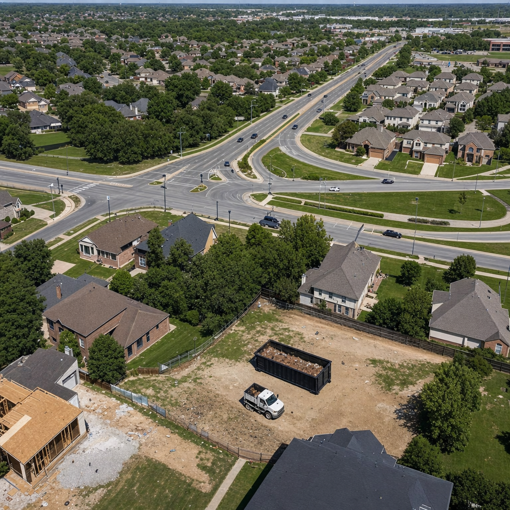 An overhead documentary view of the Thornton metro area at midday, showing the spread of neighborhoods, arterial roads, and the dispatch radius from a central yard — clean daylight, organized geographic layout.