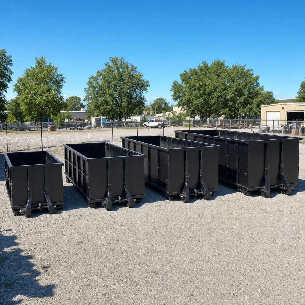 A clean lineup of matte-black roll-off dumpsters in 10, 20, 30, and 40-yard sizes staged on a sunlit gravel yard in Thornton, showing the size progression from compact to commercial-scale containers.