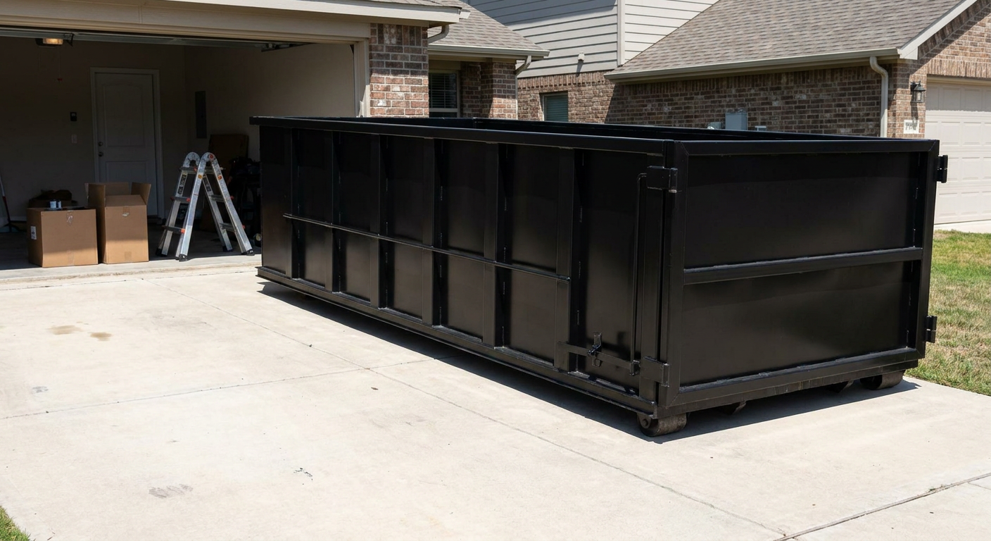 A matte-black 10-yard roll-off dumpster sitting directly on a residential Thornton concrete driveway, mid-day sunlight, clean and ready for a garage cleanout.