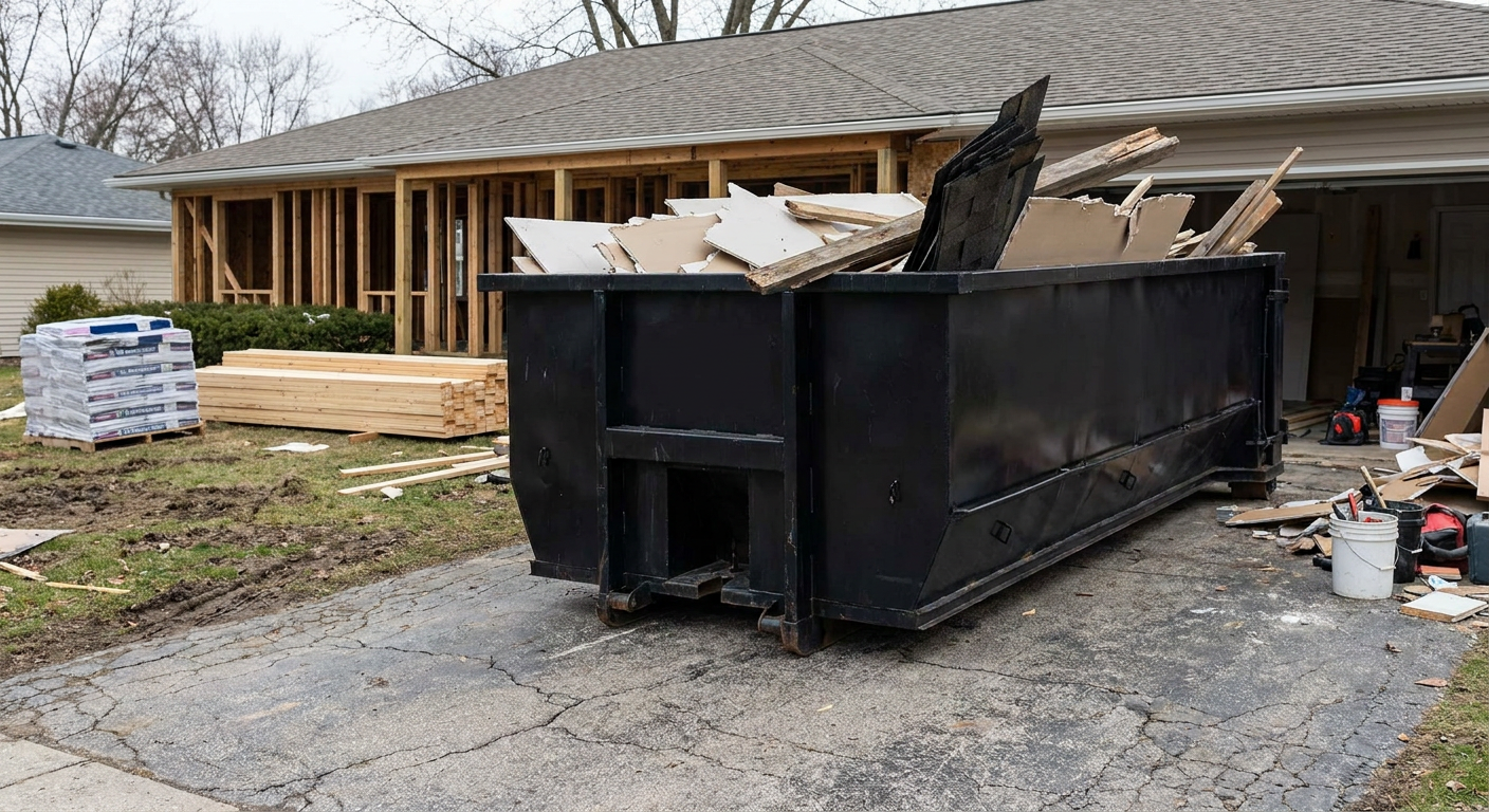 A matte-black 20-yard roll-off dumpster placed alongside a mid-renovation Thornton home directly on the asphalt driveway, with framing materials and torn-off shingles staged neatly nearby.