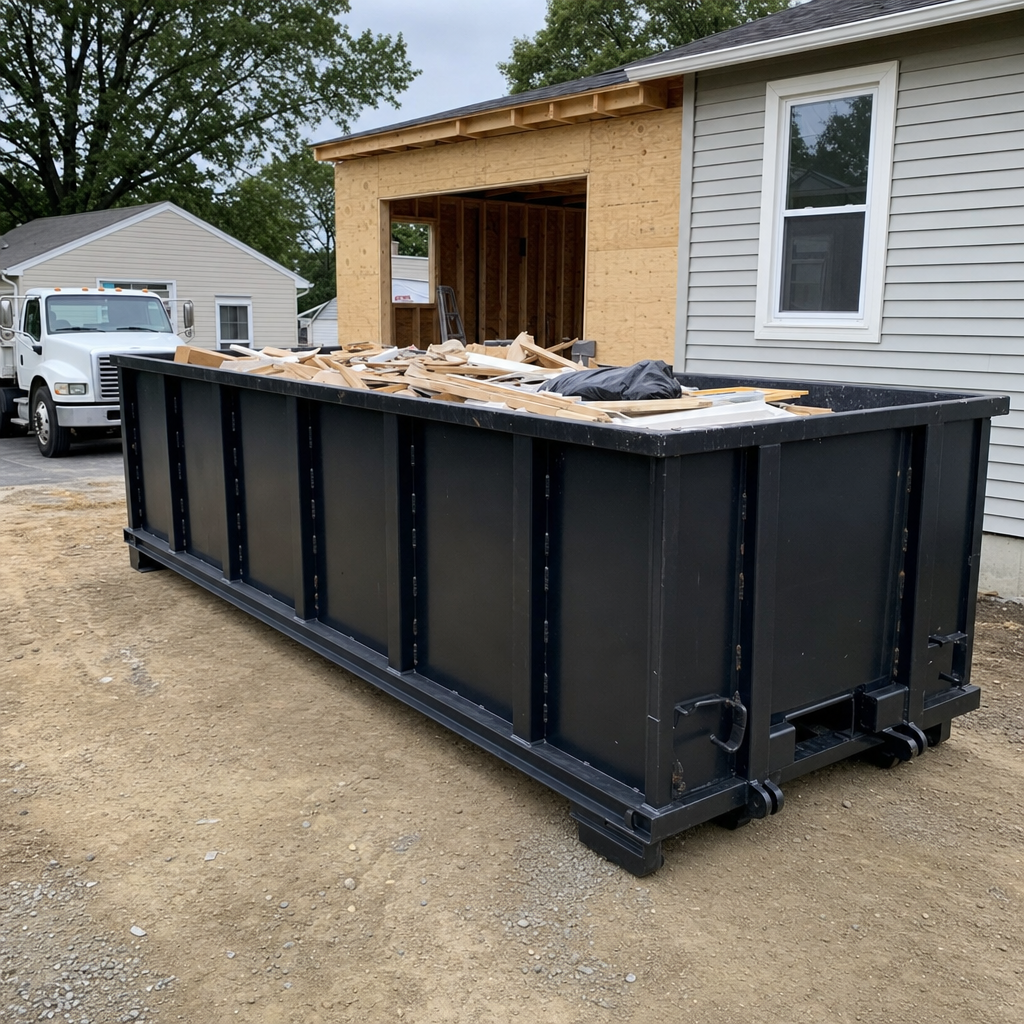 A matte-black 30-yard roll-off dumpster positioned at a Thornton residential addition jobsite, with framing lumber and drywall scraps loaded through the open swinging rear doors.