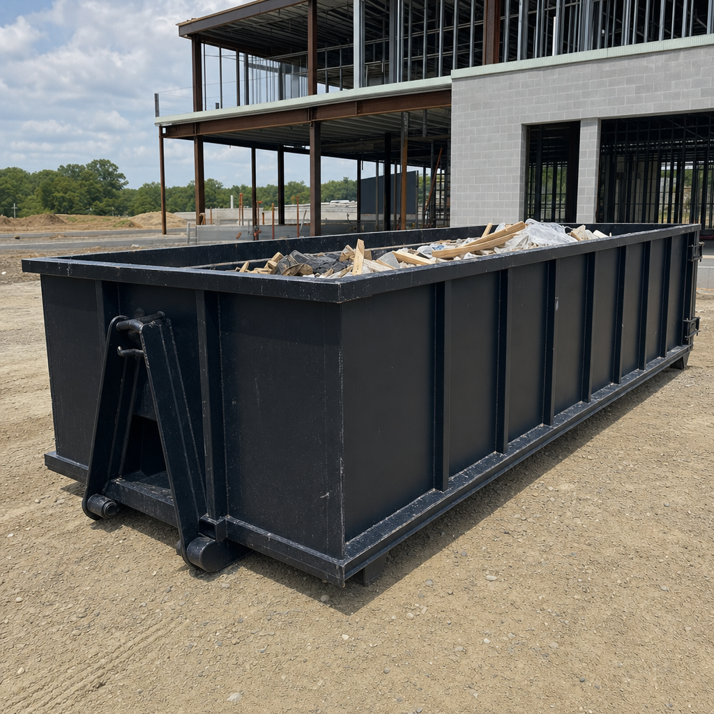 A matte-black 40-yard roll-off dumpster staged on a large Thornton commercial construction lot, with a hooklift delivery truck parked alongside under bright midday sky.
