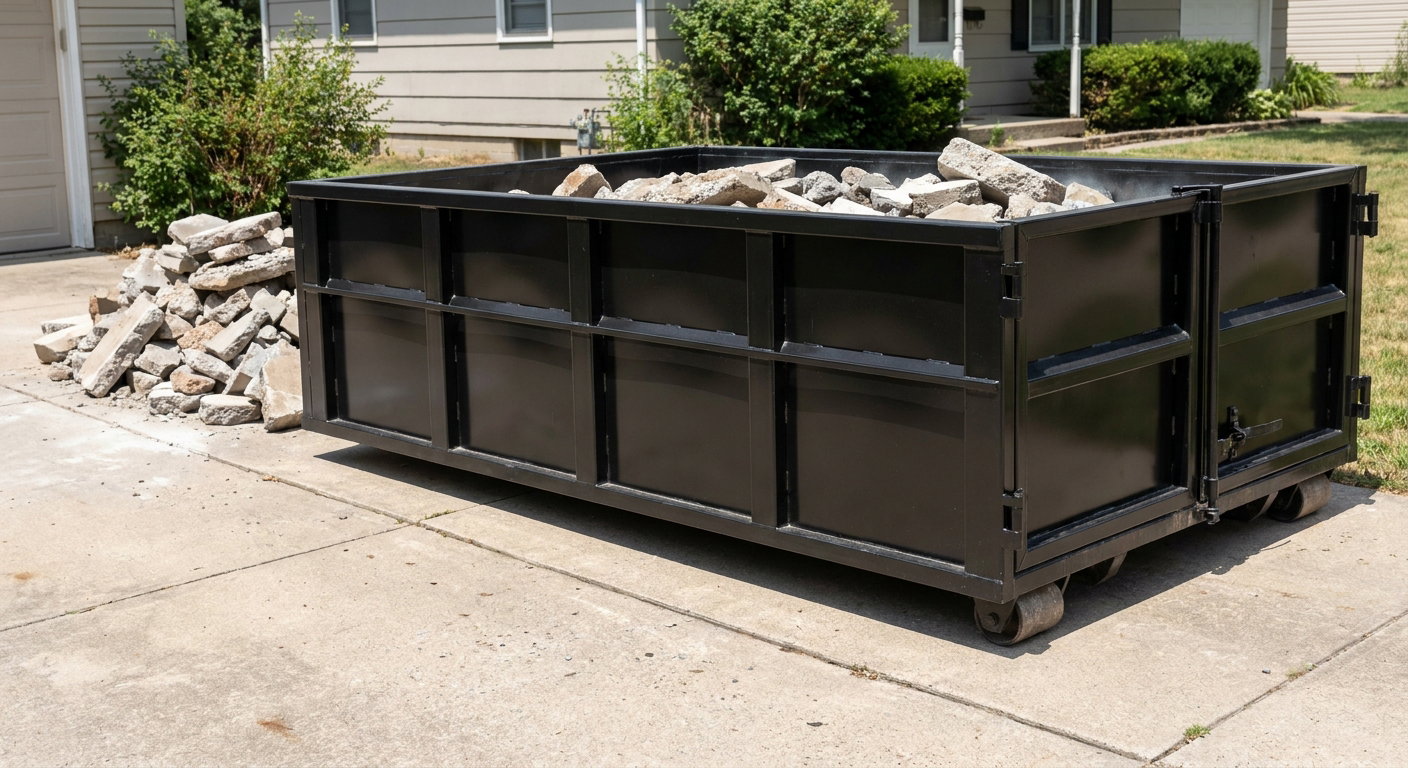A matte-black low-side heavy-debris roll-off dumpster placed directly on a Thornton concrete driveway, with broken concrete chunks neatly stacked beside it under clean daylight.